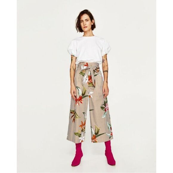 ZARA Floral and Striped Poplin Culottes - Picture 1 of 14
